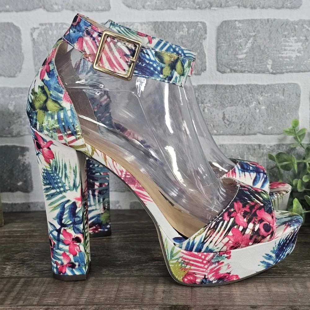 Its Tropical Floral Platform Heels Womens 9 Block Heel Ankle Strap‎ Sandals